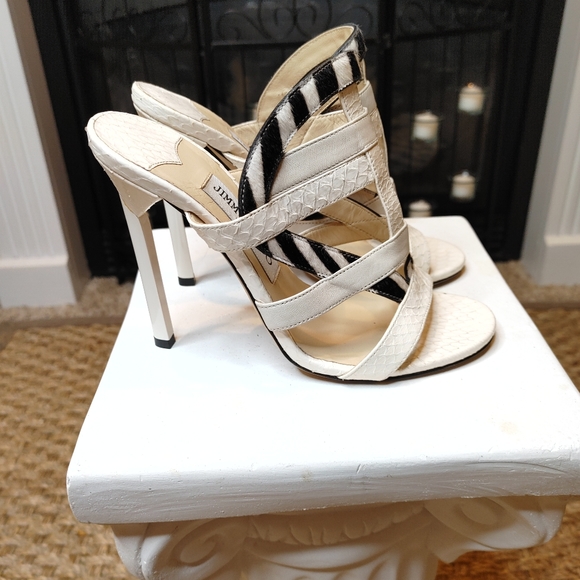 Jimmy Choo Shoes - JIMMY CHOO IVORY/ZEBRA PYTHON & CALF HAIR PEEP TOE CAGED MULE 37 IT